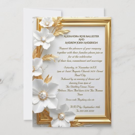 Elegant Wedding White Embossed Gold Diamond Floral 招待状 (裏面)
