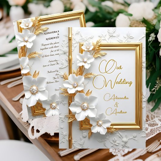 Elegant Wedding White Embossed Gold Diamond Floral 招待状