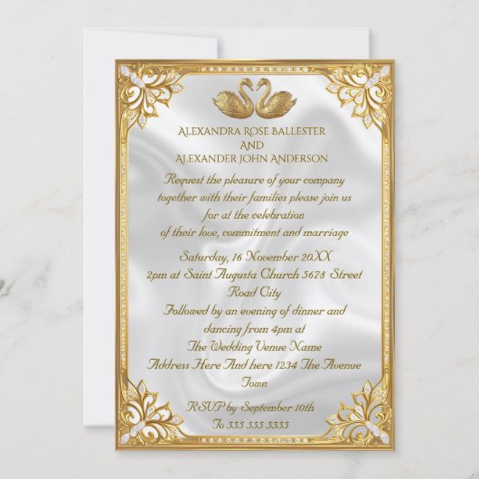 Elegant Wedding White Swans Rings Gold Diamonds 招待状 (裏面)