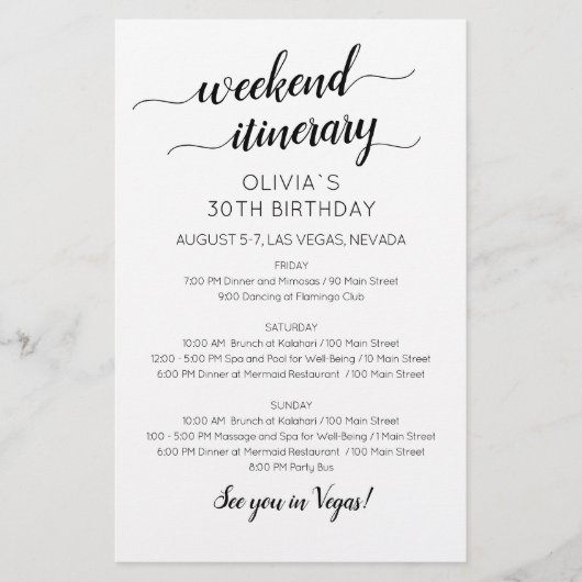 Elegant Weekend Birthday Itinerary Invitation (正面)