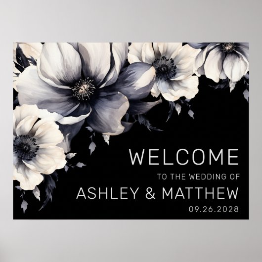 Elegant Welcome Black White Floral Welcome Sign ポスター (正面)