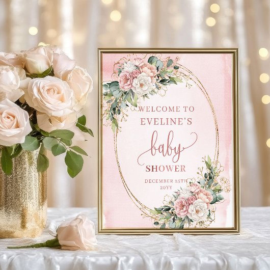 Elegant Welcome Rose Gold Floral Baby Shower Sign ポスター