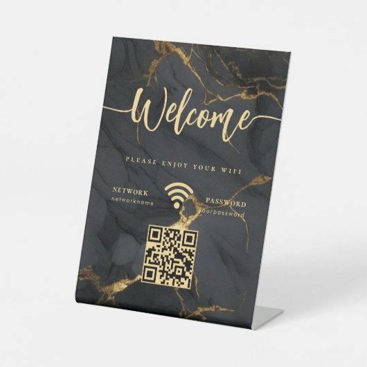 Elegant Welcome Script WIFI Agate Black Marble 台座サイン (正面)