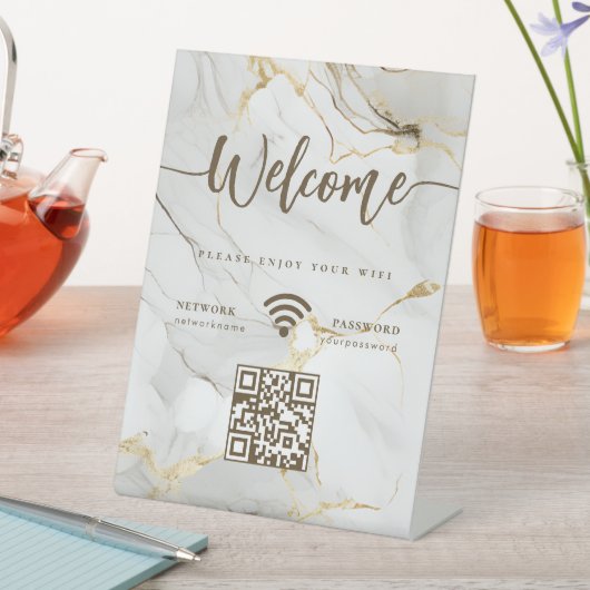 Elegant Welcome Script WIFI QR Code Agate Marble 台座サイン (インサイチュ)