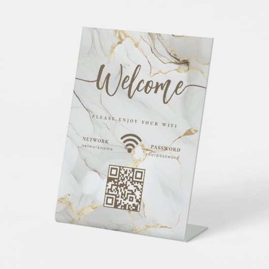 Elegant Welcome Script WIFI QR Code Agate Marble 台座サイン (正面)