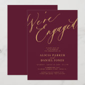 Elegant We're Engaged burgundy engagement party 招待状 (正面/裏面)