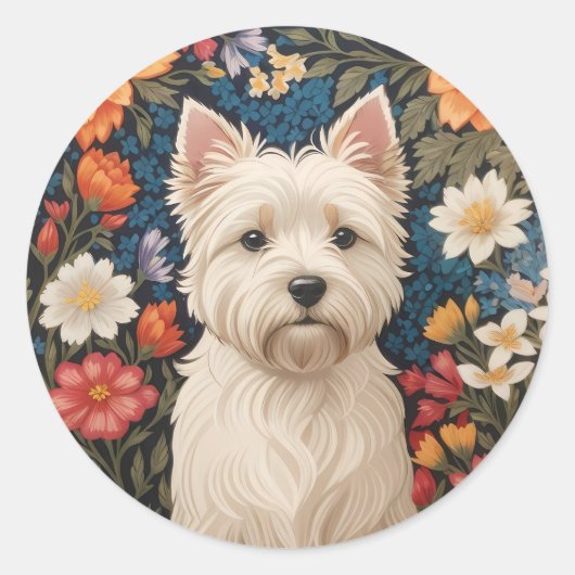 Elegant West Highland Terrier Colorful Floral ラウンドシール (正面)