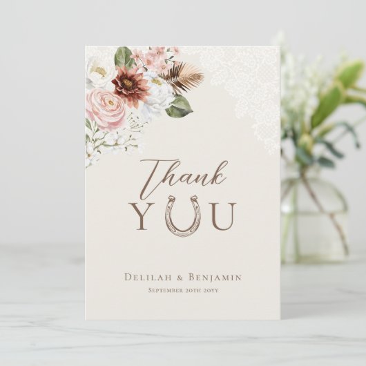 Elegant Western Cowboy Floral Crest Script サンキューカード (スタンド正面)