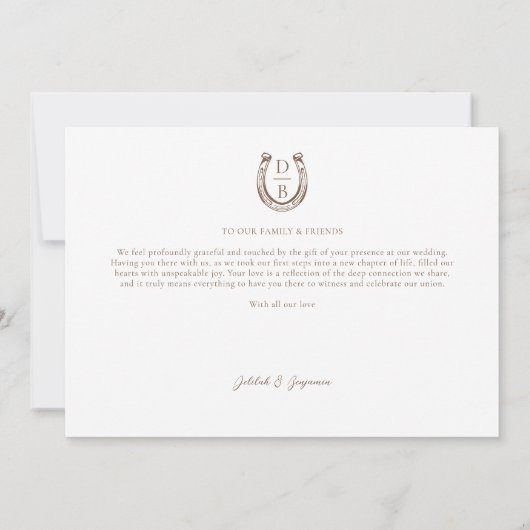 Elegant Western Rustic Wedding Horseshoe Monogram  サンキューカード (裏面)