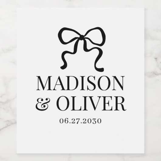 Elegant Whimsical Black Bow Monogram Wedding ワインラベル (シングルラベル)