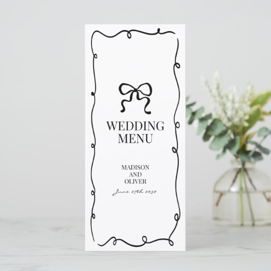 Elegant Whimsical Black Bow Tie Monogram Wedding メニュー (スタンド正面)
