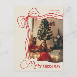 Elegant Whimsical Hand Drawn Red Bow Christmas シーズンポストカード