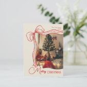 Elegant Whimsical Hand Drawn Red Bow Christmas シーズンポストカード (スタンド正面)