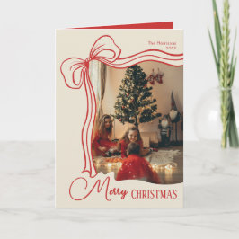 Elegant Whimsical Red Bow Christmas Family Photo シーズンカード