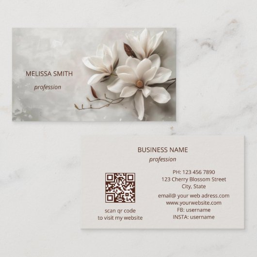 Elegant White 3D Magnolia 名刺 (正面/裏面)