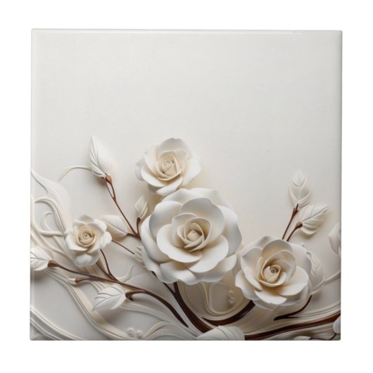 Elegant White 3D Roses タイル (正面)