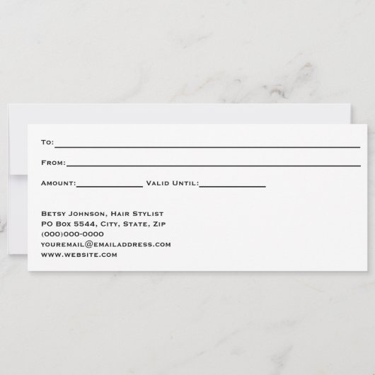 Elegant White and Black Gift Certificate Card 招待状 (裏面)