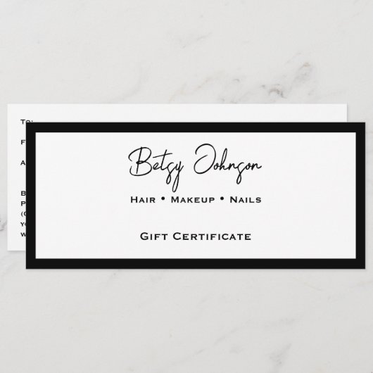 Elegant White and Black Gift Certificate Card 招待状 (正面/裏面)
