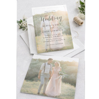 Elegant White and Black Gold Border Photo Wedding 招待状