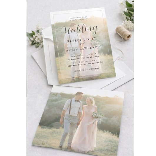 Elegant White and Black Gold Border Photo Wedding 招待状