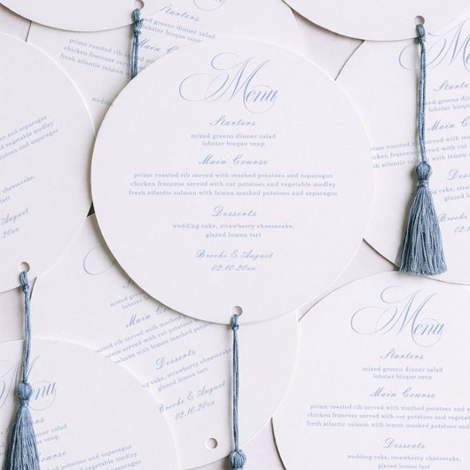 Elegant White and Blue Wedding Menu Circle Card