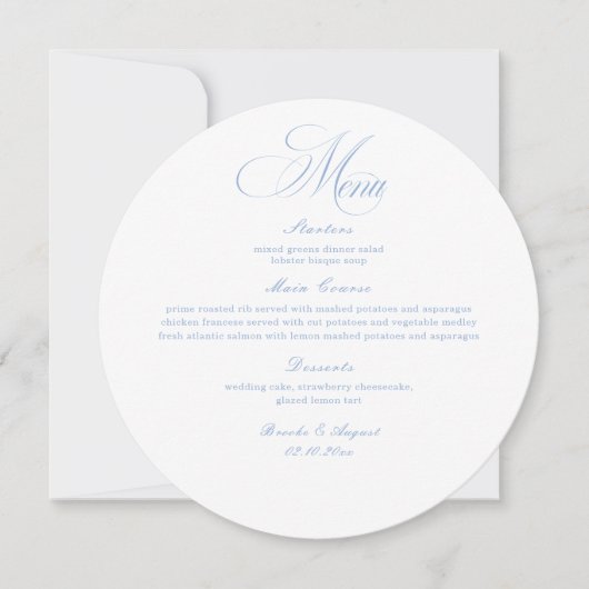 Elegant White and Blue Wedding Menu Circle Card (正面)