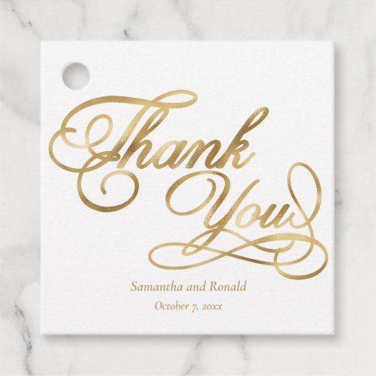 Elegant White and Faux Gold Calligraphy Thank You フェイバータグ (正面)
