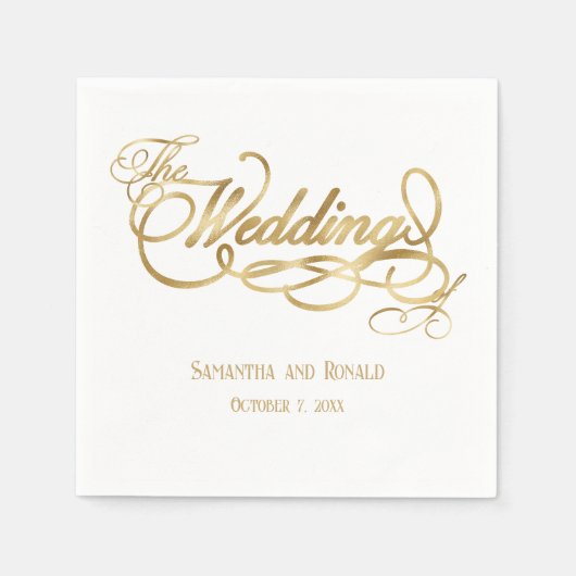 Elegant White and Faux Gold Calligraphy Wedding スタンダードカクテルナプキン (正面)