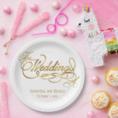 Elegant White and Faux Gold Calligraphy Wedding ペーパープレート (パーティー)