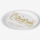 Elegant White and Faux Gold Calligraphy Wedding ペーパープレート (アングル)