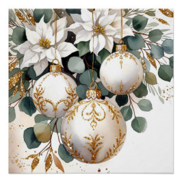 Elegant White and Gold Baubles Watercolor ポスター