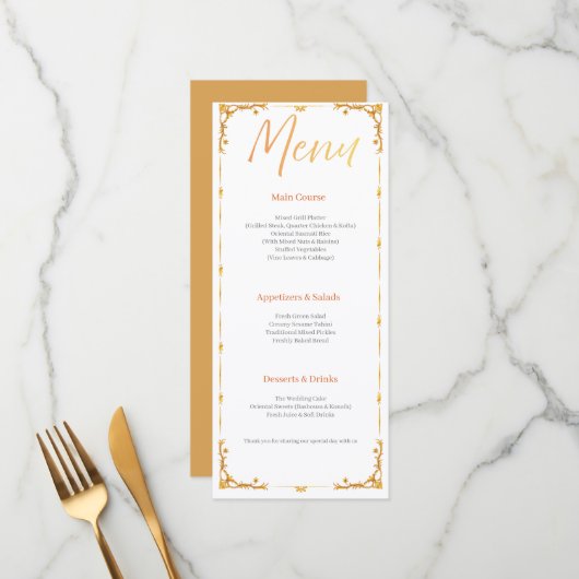 Elegant white and Gold Floral Wedding Menu Card メニュー (正面/裏面インサイチュ)