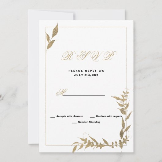 Elegant white and gold foliage RSVP 招待状 (正面)