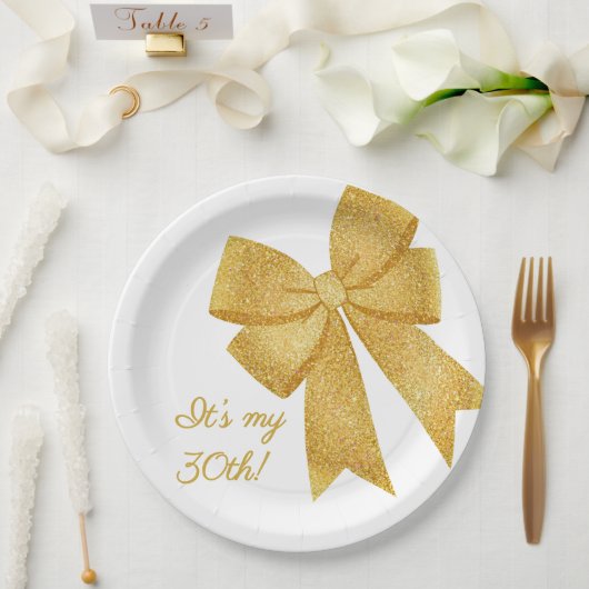Elegant White and Gold Glitter Bow Birthday ペーパープレート (ウェディング)