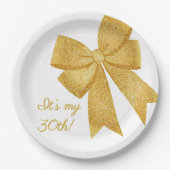 Elegant White and Gold Glitter Bow Birthday ペーパープレート (正面)