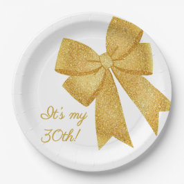 Elegant White and Gold Glitter Bow Birthday ペーパープレート