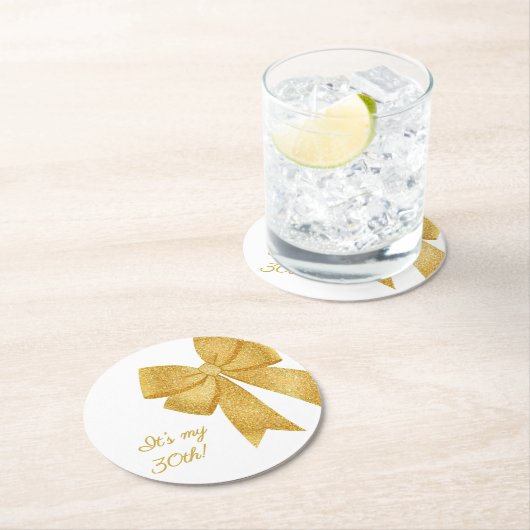 Elegant White and Gold Glitter Bow Birthday ラウンドペーパーコースター (インサイチュ)