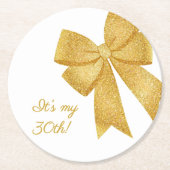 Elegant White and Gold Glitter Bow Birthday ラウンドペーパーコースター (正面)