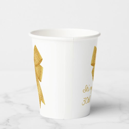 Elegant White and Gold Glitter Bow Birthday 紙コップ (右)
