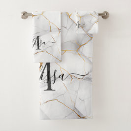 Elegant White and Gold Marbled Monogram バスタオルセット
