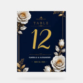 Elegant White and Gold Rose on Navy Blue アクリルサイン (正面)