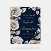 Elegant White and Gold Rose on Navy Blue  アクリルサイン (正面)