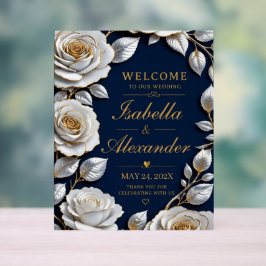Elegant White and Gold Rose on Navy Blue アクリルサイン