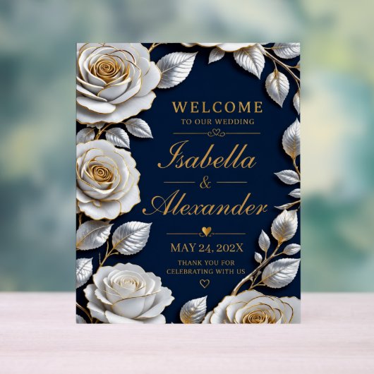 Elegant White and Gold Rose on Navy Blue  アクリルサイン (ニュートラル)