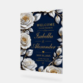 Elegant White and Gold Rose on Navy Blue  アクリルサイン (傾斜)