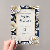 Elegant White and Gold Rose on Navy Blue アクリル招待状 (インサイチュ (ポータブル))