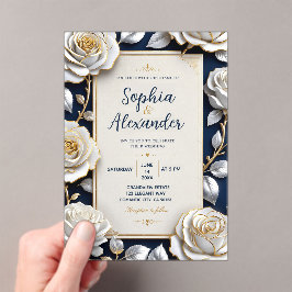 Elegant White and Gold Rose on Navy Blue アクリル招待状