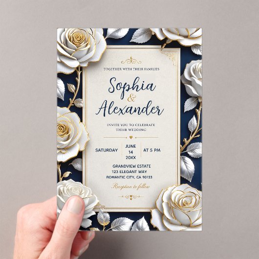 Elegant White and Gold Rose on Navy Blue アクリル招待状 (インサイチュ (ポータブル))