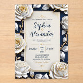 Elegant White and Gold Rose on Navy Blue アクリル招待状 (正面)