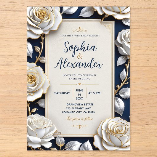 Elegant White and Gold Rose on Navy Blue アクリル招待状 (正面)